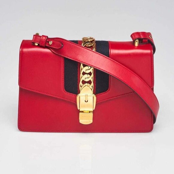 Gucci Red Smooth Leather Small Sylvie Shoulder Bag - Picture 1 of 10